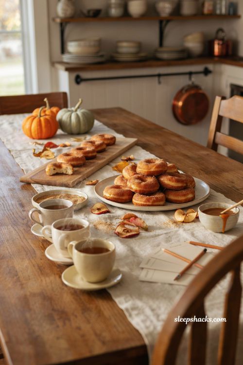 Apple cider donut tasting with caramel cinnamon sugar and fall sleepover snacks