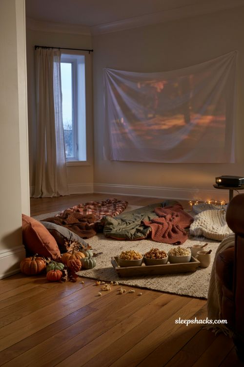 At home drive in movie night with sleeping bags blankets and popcorn 