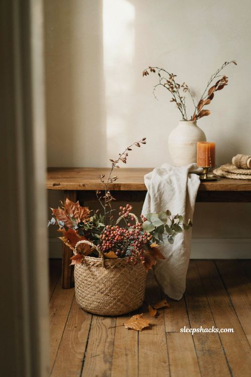 Autumn berry and leaf basket with dried branches cottage fall decor