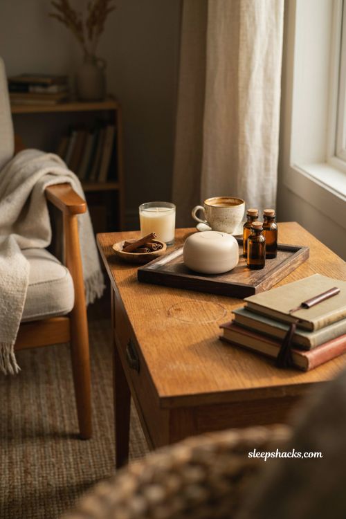 Autumn coffee shop diffuser blend with cinnamon sandalwood vanilla cozy books and warm home office decor 
