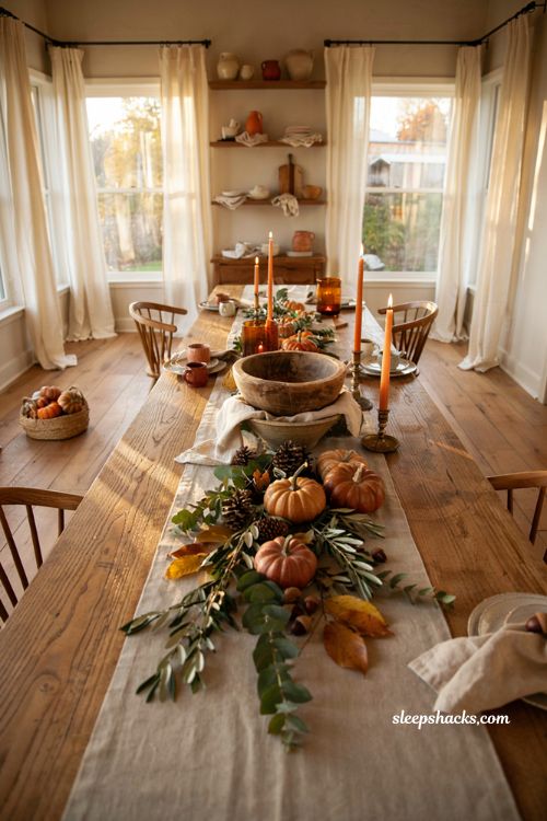 Autumn dough bowl centerpiece with pumpkins greenery and cozy fall table decor