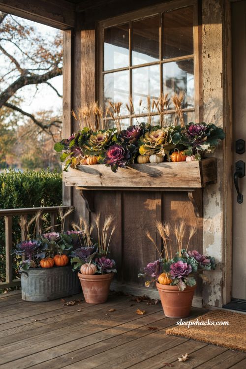 Autumn planter box refresh with purple ornamental kale mini pumpkins dried wheat and rustic fall porch decor 