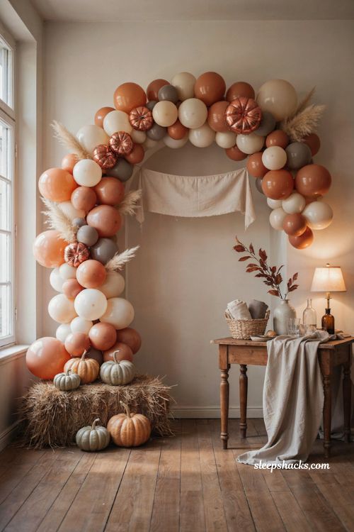 Autumn pumpkin baby shower balloon garland with orange white beige balloons and rustic fall decor