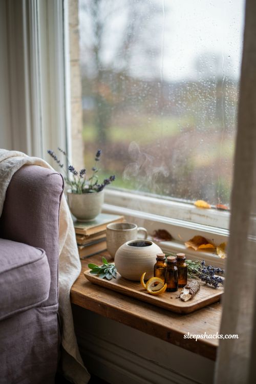 Autumn rainstorm fall diffuser blend with lavender bergamot cedarwood and cozy rainy day decor