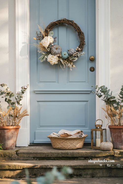 Autumn wreaths for a front door with blue and mint pumpkin wreath decor