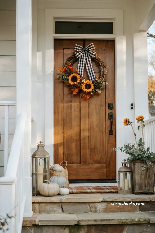 Autumn wreaths for a front door with buffalo check ribbon and sunflower farmhouse decor