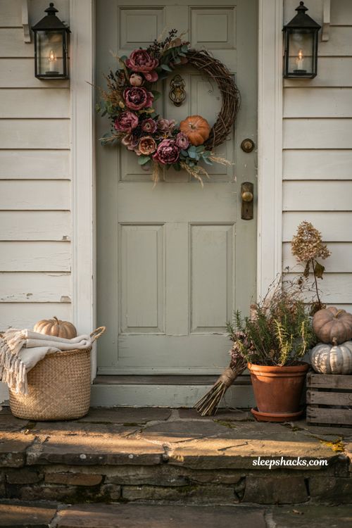 Autumn wreaths for a front door with burgundy peony and pumpkin fall wreath