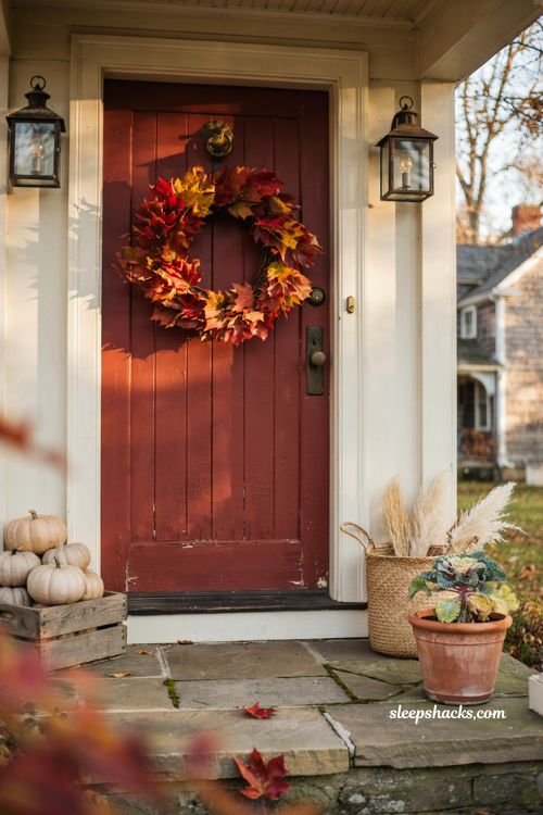 Autumn wreaths for a front door with full maple leaf fall wreath