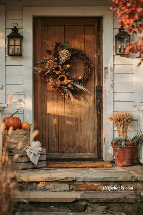 Autumn wreaths for a front door with hydrangea and sunflower fall wreath