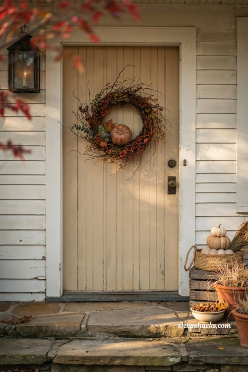 Autumn wreaths for a front door with layered fall berry grapevine wreath