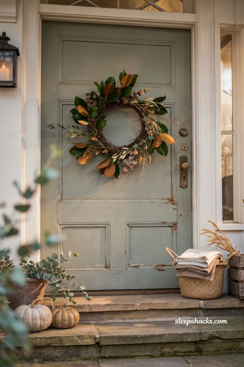 Autumn wreaths for a front door with magnolia and eucalyptus wreath