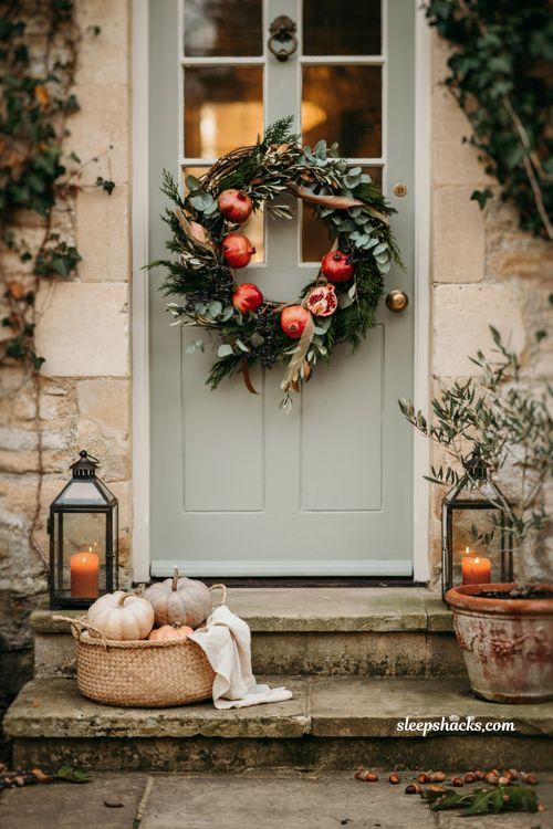 Autumn wreaths for a front door with pomegranate harvest wreath and rich fall colors