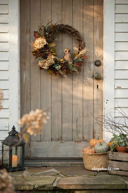 Autumn wreaths for a front door with rustic owl woodland fall wreath