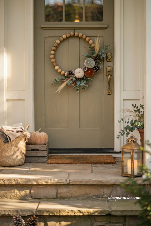 Autumn wreaths for a front door with wooden bead wreath and velvet pumpkins