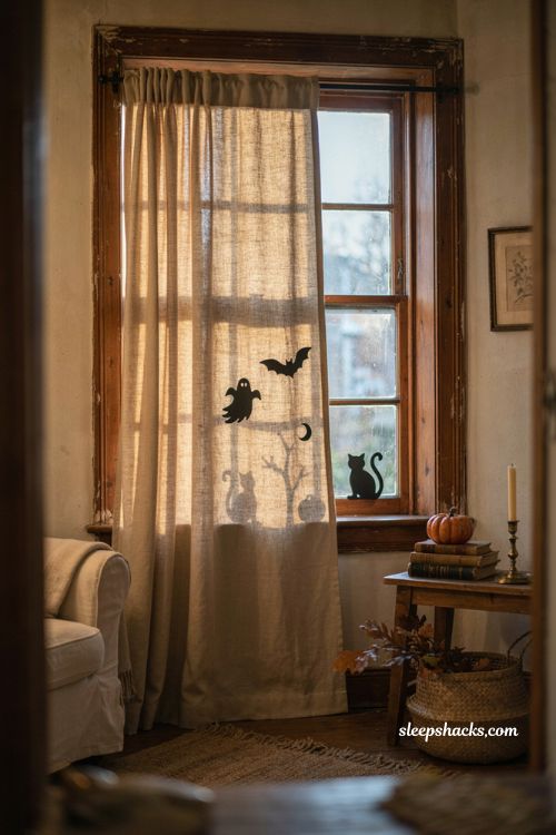 Backlit fabric curtain Halloween window silhouettes with soft glowing shadows 