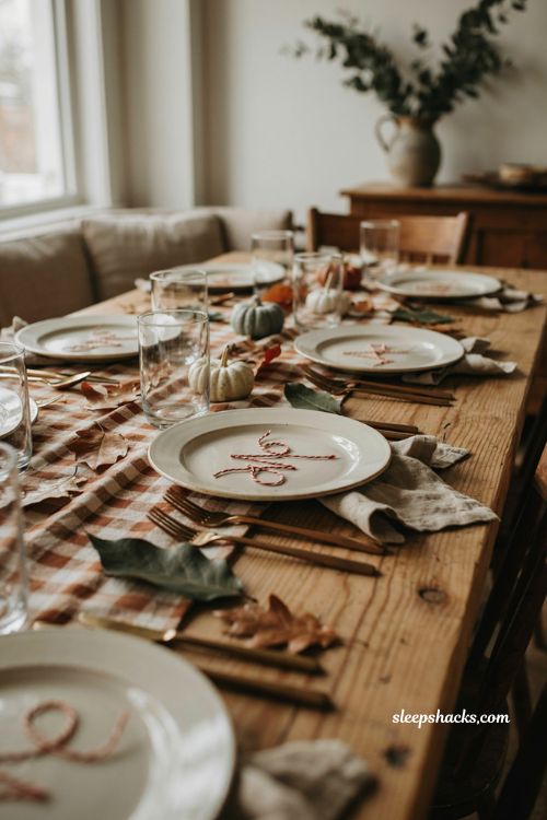 Bakers twine monogram Thanksgiving table with checked tablecloth cream plates paper leaves and handmade autumn place settings 