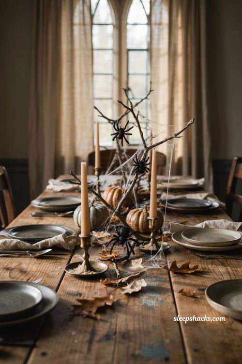 Bare branches covered in spiderwebs and fuzzy black spiders for a rustic Halloween table centerpiece