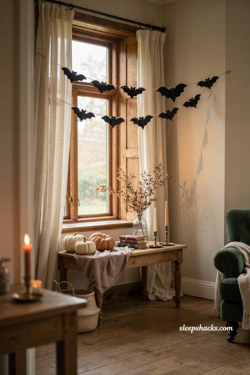 Bat bunting banner across a window for simple DIY Halloween decor
