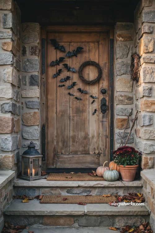 Bat colony on a farmhouse front door for spooky Halloween decor