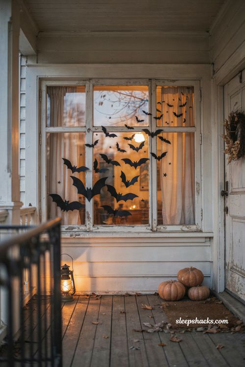 Bat swarm Halloween window silhouette with flying paper bats at dusk 