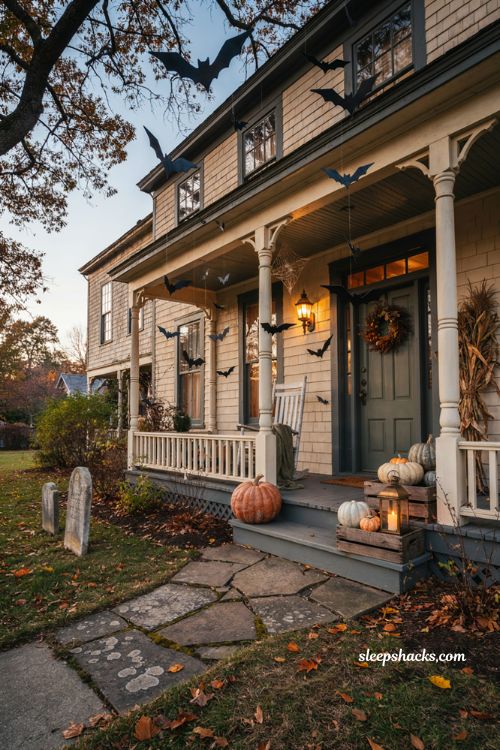 Bat wall and yard Halloween accents with flying black bat swarm pumpkins and tombstones