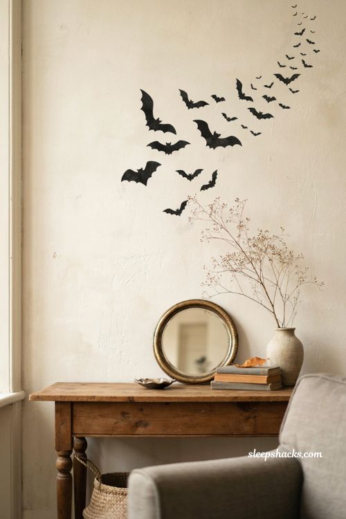 Bat wall decals creating a spooky Halloween flock on a cozy living room wall 
