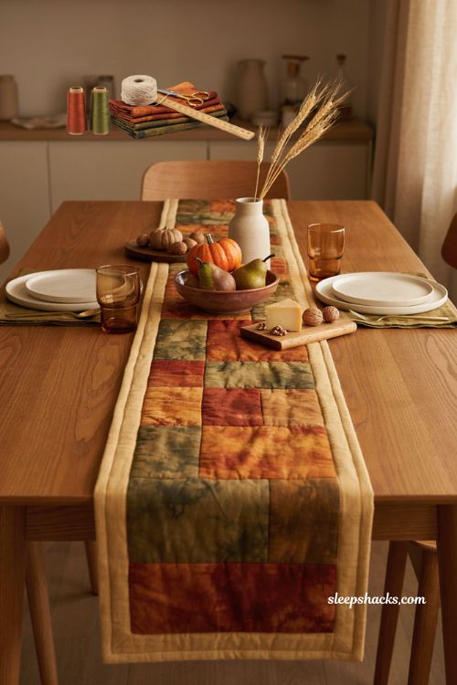 Batik strips fall table runner with rust olive and burnt orange fabrics decorative piping and cozy dining table