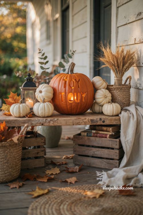 Be kind message pumpkin carving idea for a cozy farmhouse Halloween porch decor