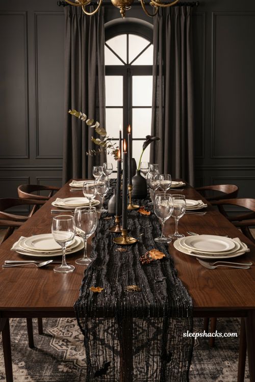 Beaded Halloween table runner with bats and elegant gothic dining decor