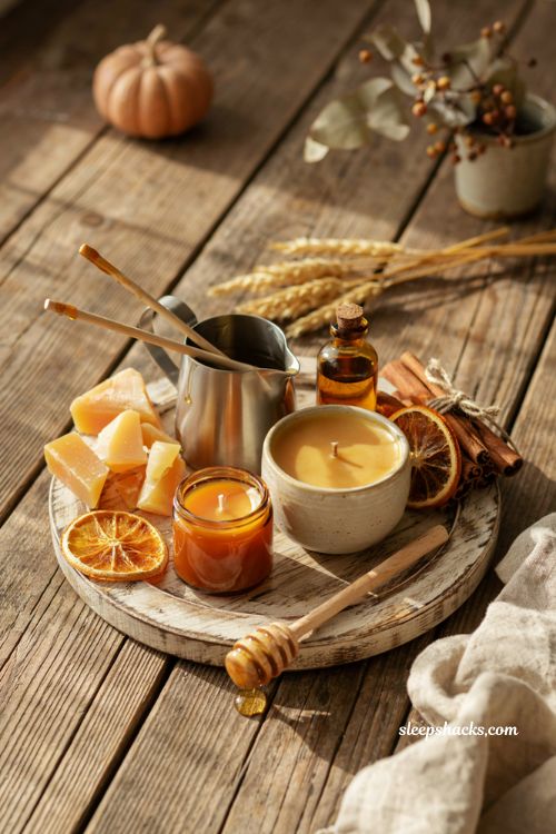 Beeswax fall candle with natural honey tones and rustic DIY candle making supplies