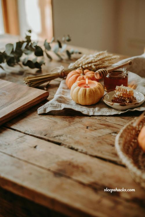 Beeswax pumpkin candle diy in a cozy farmhouse kitchen with sustainable fall decor