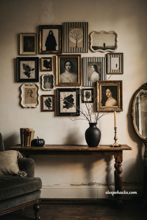Beetlejuicecore gallery wall with black and white frames for Gothic Halloween decor