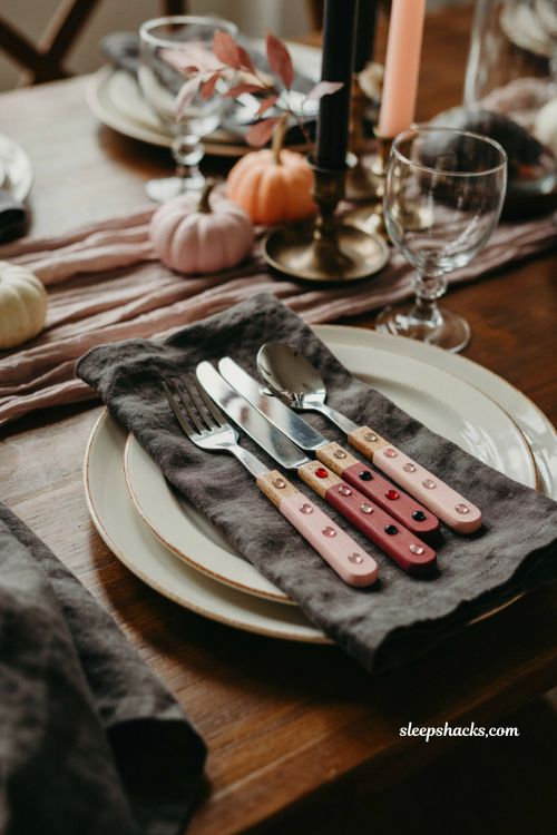 Bejeweled pink cutlery DIY for a glamorous Halloween table setting