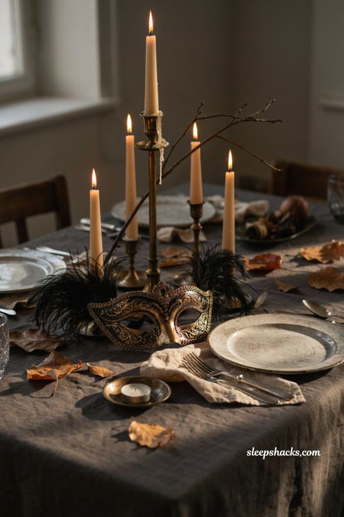 Black and gold masquerade mask with taper candles on a dark table for elegant Halloween centerpiece decor
