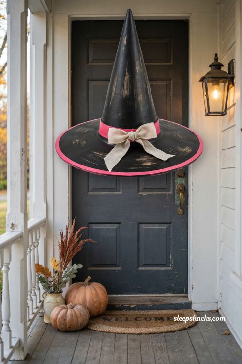 Black and hot pink witch hat Halloween door hanger with ribbon bow on a rustic front door