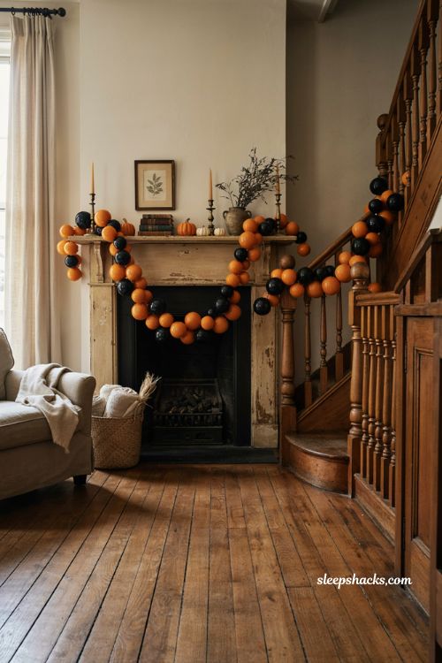 Black and orange Halloween ball garland on a cozy fireplace mantel 