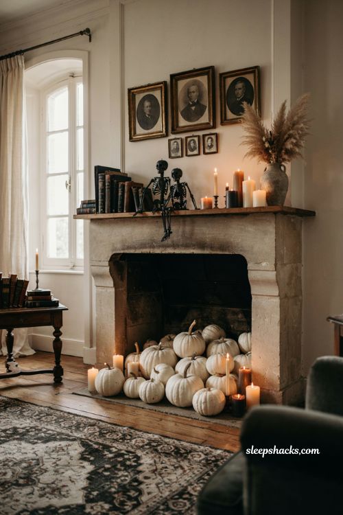 Black and white Halloween fireplace decor with white pumpkins and skeletons