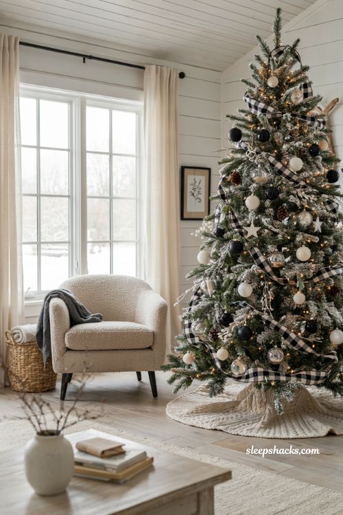 Black and white buffalo plaid Christmas tree with flocked farmhouse decor