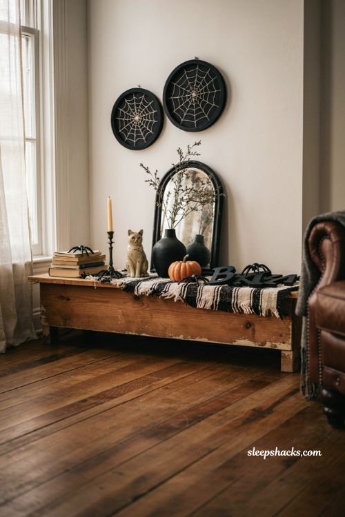 Black and white farmhouse Halloween mantel with pumpkins and spiderwebs 