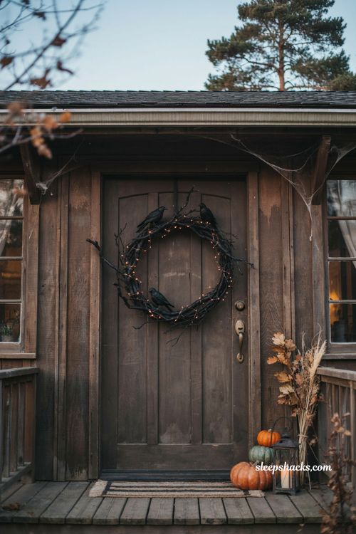 Black branch Halloween wreath with crows and warm string lights