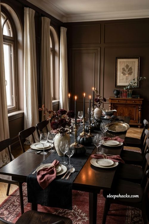Black burgundy and metallic Halloween party decor ideas for adults