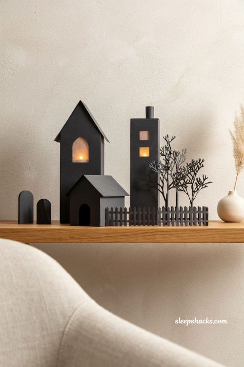 Black cardstock silhouette Halloween village with glowing vellum windows 