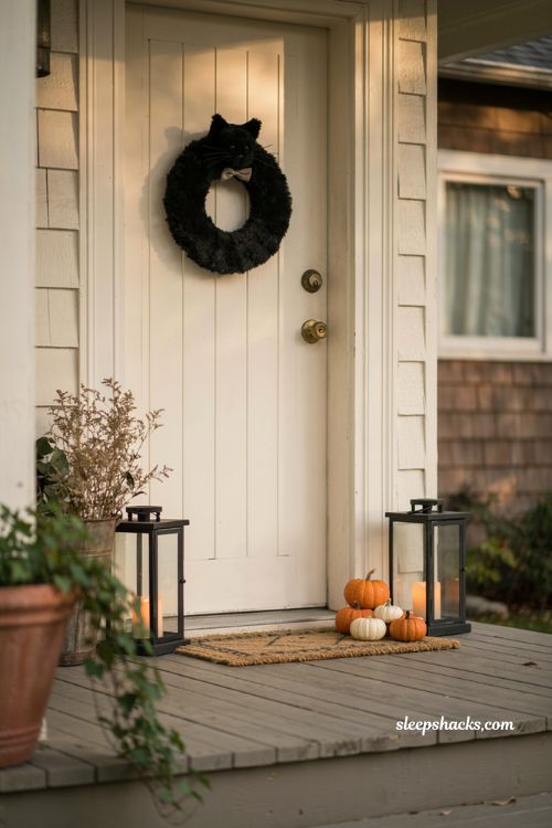Black cat Halloween wreath with cozy faux fur and playful front door decor