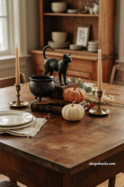 Black cat pumpkins and cauldron grouped on a dining table for classic Halloween centerpiece decor