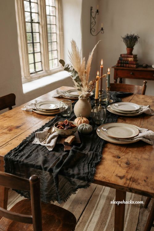 Black cheesecloth Halloween table runner with witchy garden dining decor