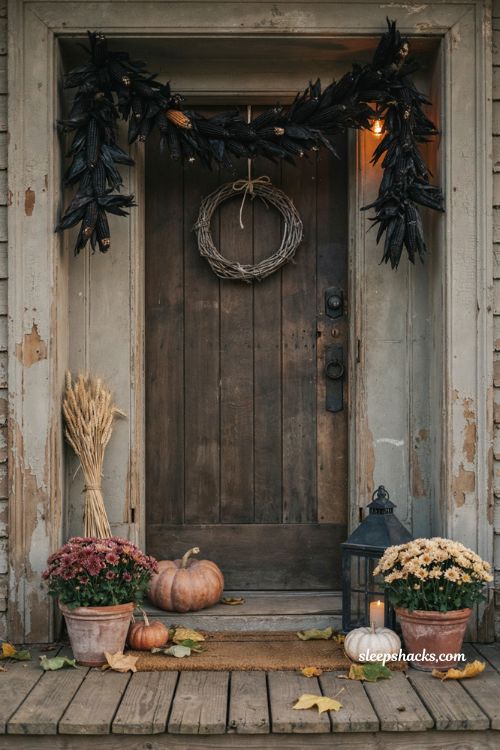 Black corn garland across a farmhouse front door for Halloween decor