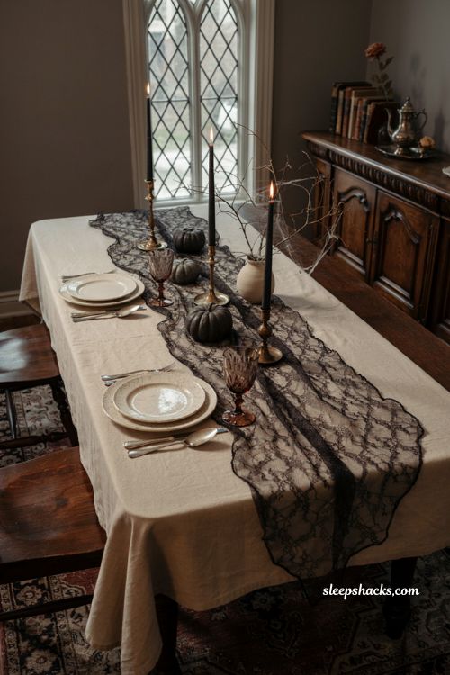 Black lace spider web Halloween table runner with gothic dining decor