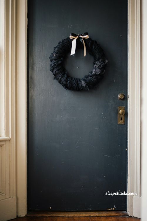 Black lace wreath with vintage gothic fabric and black white ribbon Halloween door decor 