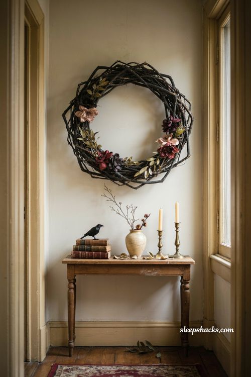Black magic Halloween wreath decor with wilted flowers and gothic entryway