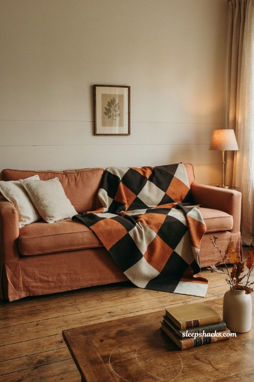 Black orange and cream Halloween checker throw cozy sofa decor 